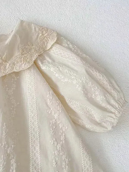 長袖ロンパース ベビーロンパース レース刺繍ビッグラッフル襟長袖ボディスーツ【mh0008114】