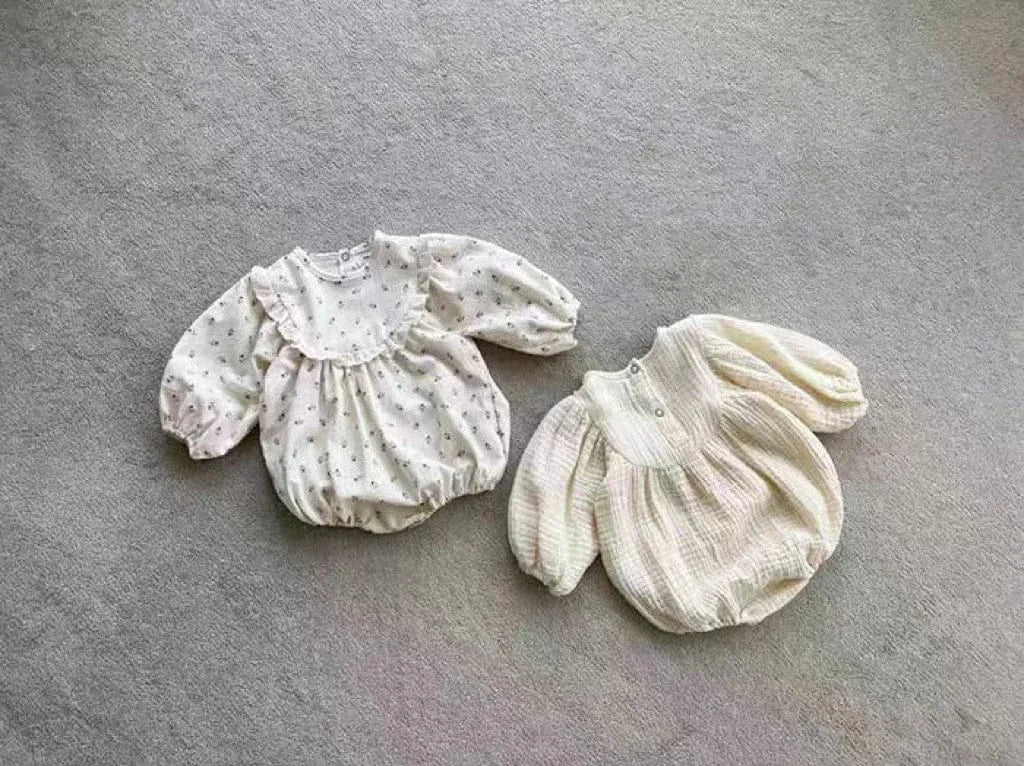 長袖ロンパース ベビーロンパース レースフリルフラワープリント/無地長袖パフスリーブボディスーツ【mh0008119】