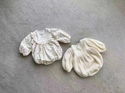 長袖ロンパース ベビーロンパース レースフリルフラワープリント/無地長袖パフスリーブボディスーツ【mh0008119】