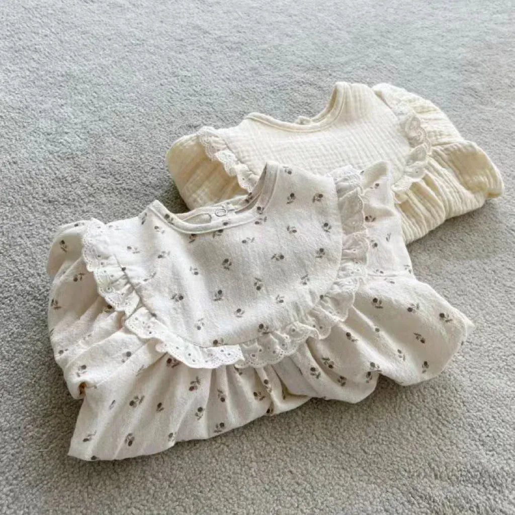 長袖ロンパース ベビーロンパース レースフリルフラワープリント/無地長袖パフスリーブボディスーツ【mh0008119】