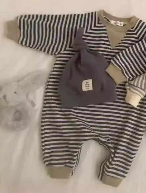 長袖ロンパース ベビーロンパース帽子セット ボーダー長袖ジャンプスーツ+ニットキャップ【mh0008123】