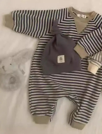 長袖ロンパース ベビーロンパース帽子セット ボーダー長袖ジャンプスーツ+ニットキャップ【mh0008123】