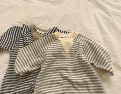 長袖ロンパース ベビーロンパース帽子セット ボーダー長袖ジャンプスーツ+ニットキャップ【mh0008123】