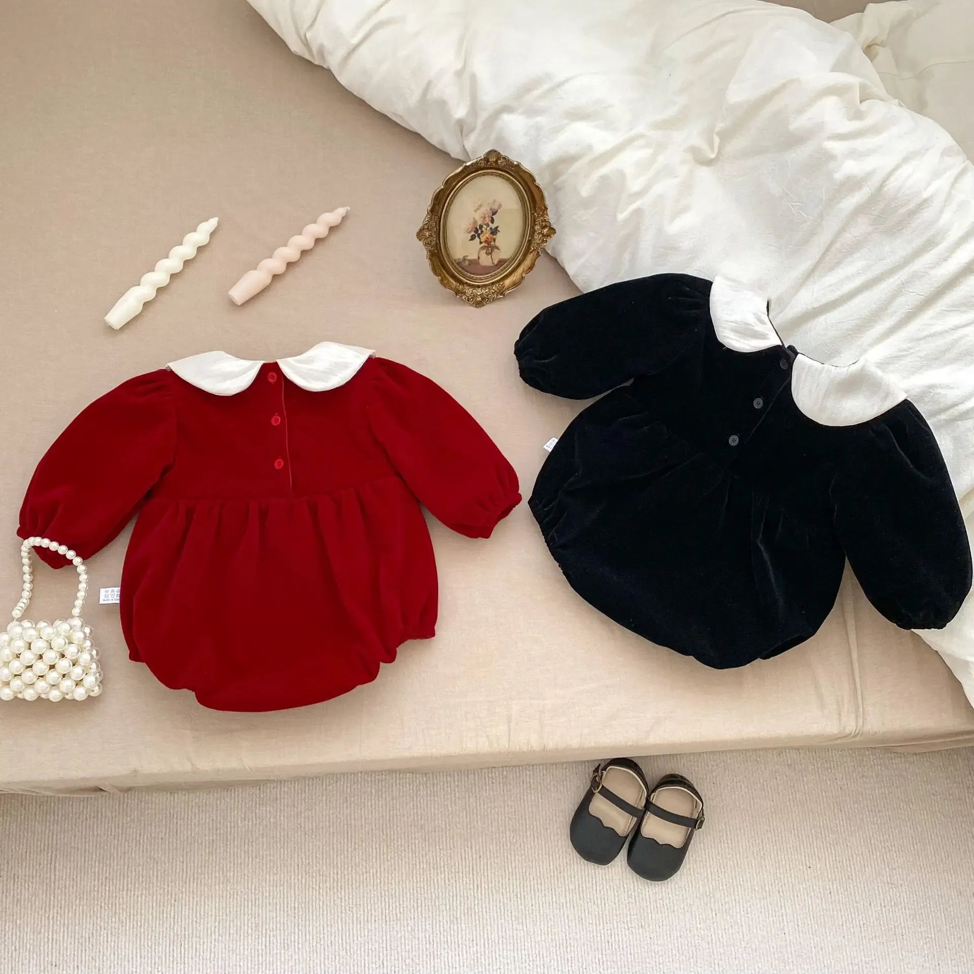 長袖ロンパース ベビーロンパース リボン丸襟裏フリース長袖ボディスーツ【mh0008127】