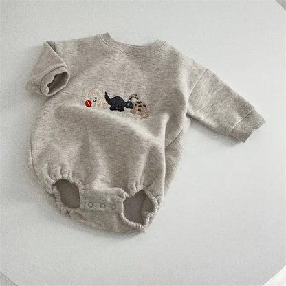 長袖ロンパース ベビーロンパース 恐竜ダイナソー刺繍裏フリース長袖ボディスーツ【mh0008130】