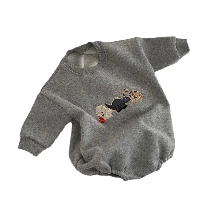 長袖ロンパース ベビーロンパース 恐竜ダイナソー刺繍裏フリース長袖ボディスーツ【mh0008130】