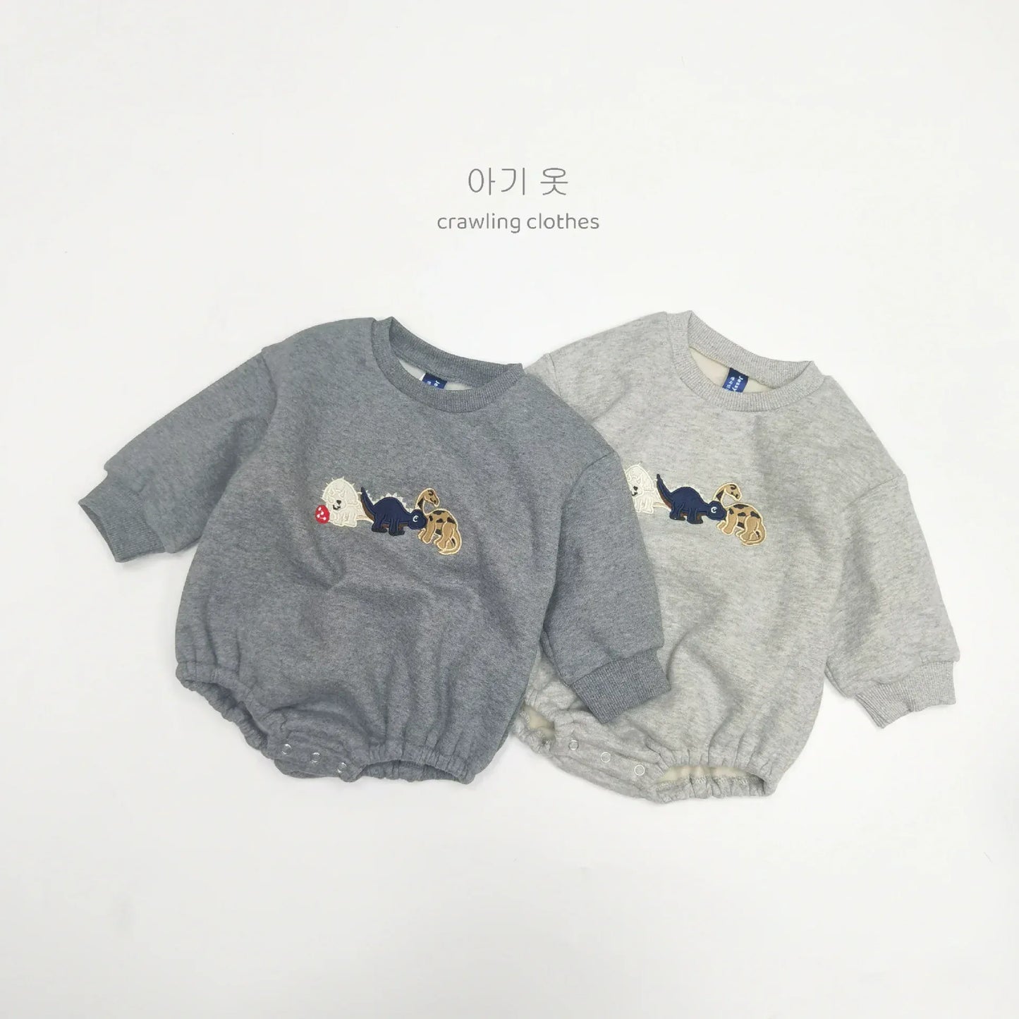 長袖ロンパース ベビーロンパース 恐竜ダイナソー刺繍裏フリース長袖ボディスーツ【mh0008130】