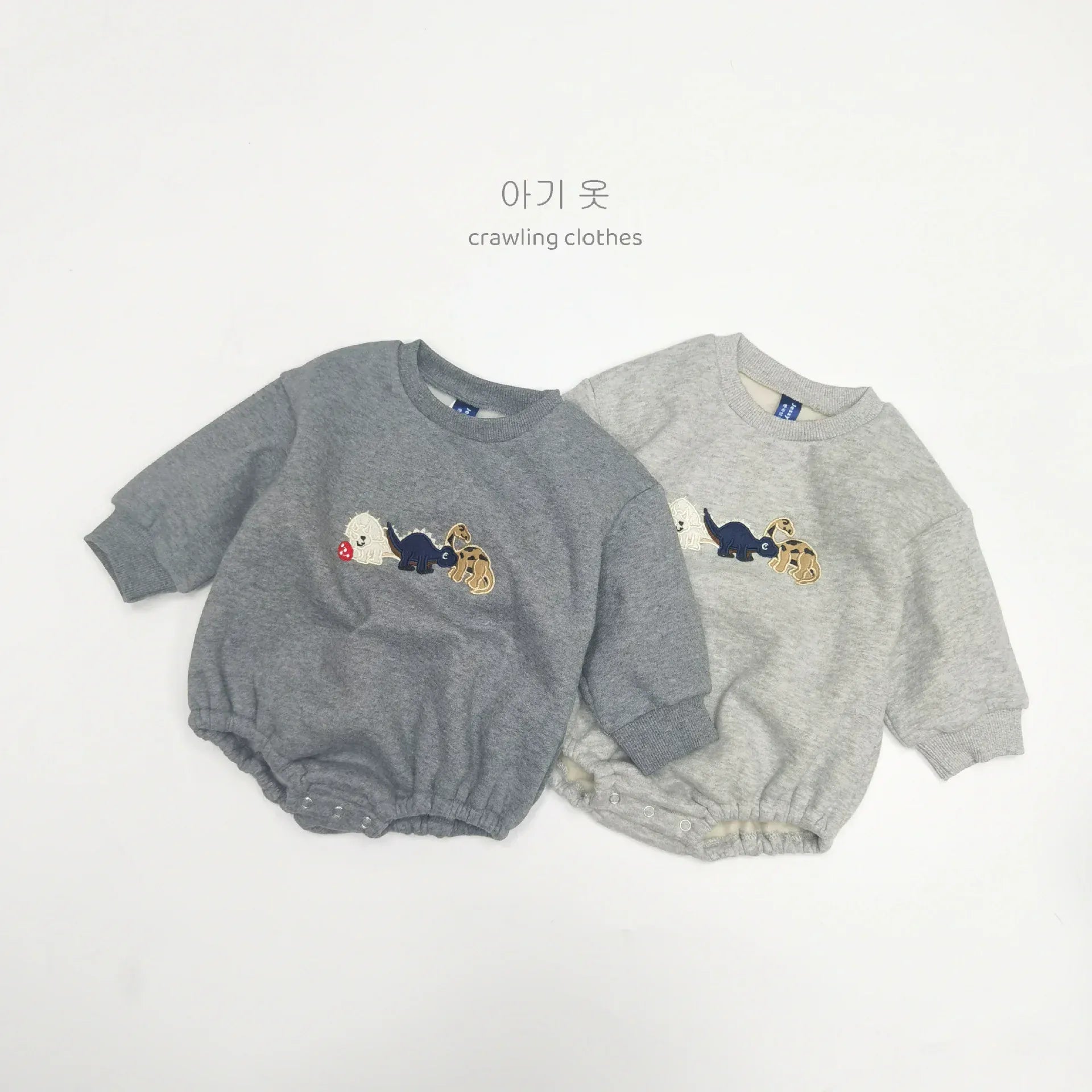 長袖ロンパース ベビーロンパース 恐竜ダイナソー刺繍裏フリース長袖ボディスーツ【mh0008130】