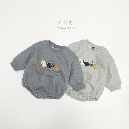 長袖ロンパース ベビーロンパース 恐竜ダイナソー刺繍裏フリース長袖ボディスーツ【mh0008130】