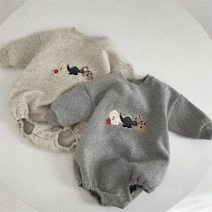 長袖ロンパース ベビーロンパース 恐竜ダイナソー刺繍裏フリース長袖ボディスーツ【mh0008130】