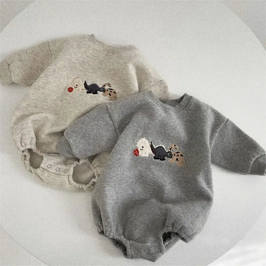 長袖ロンパース ベビーロンパース 恐竜ダイナソー刺繍裏フリース長袖ボディスーツ【mh0008130】