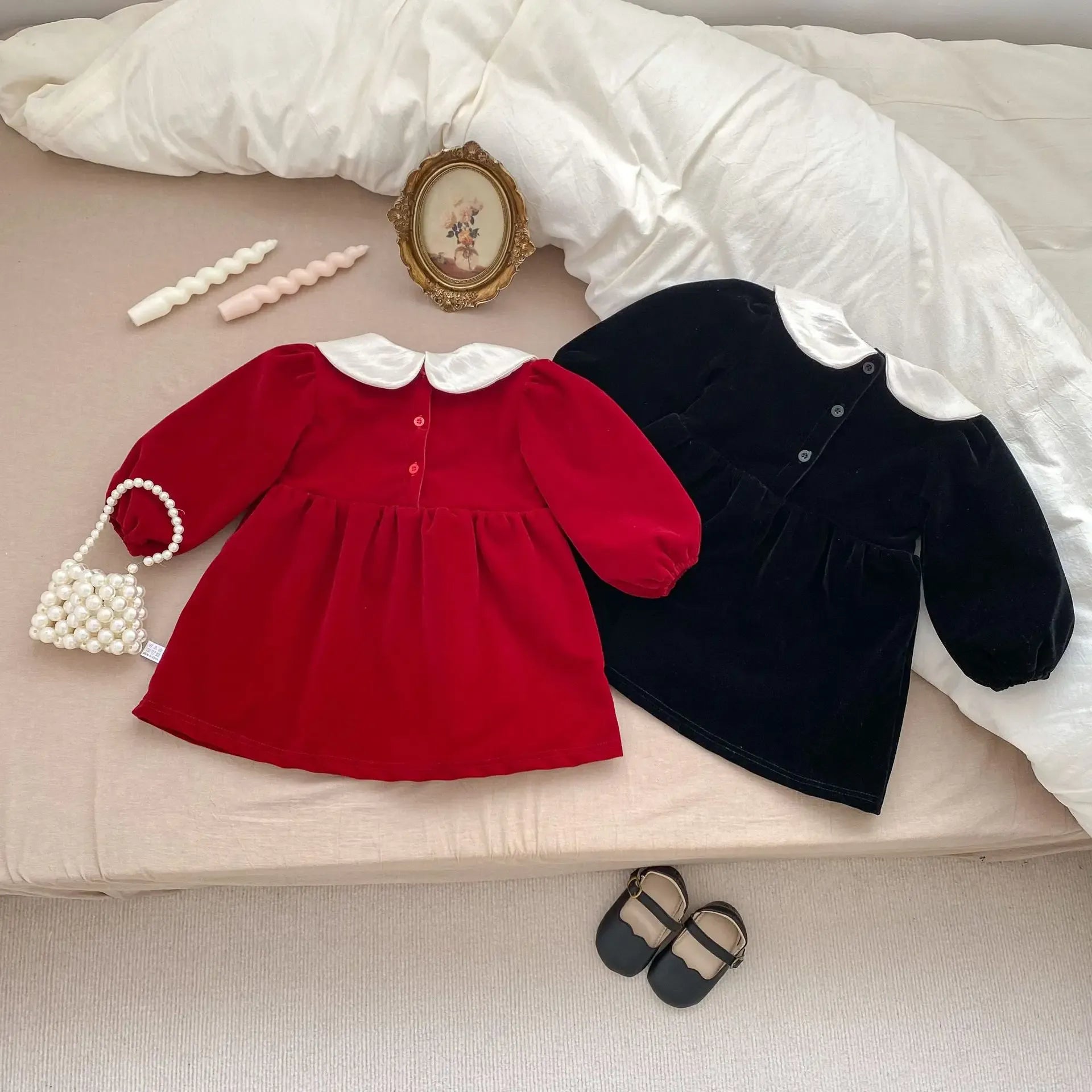 長袖ワンピース キッズワンピース 丸襟リボン裏フリース長袖ワンピース【mh0008139】