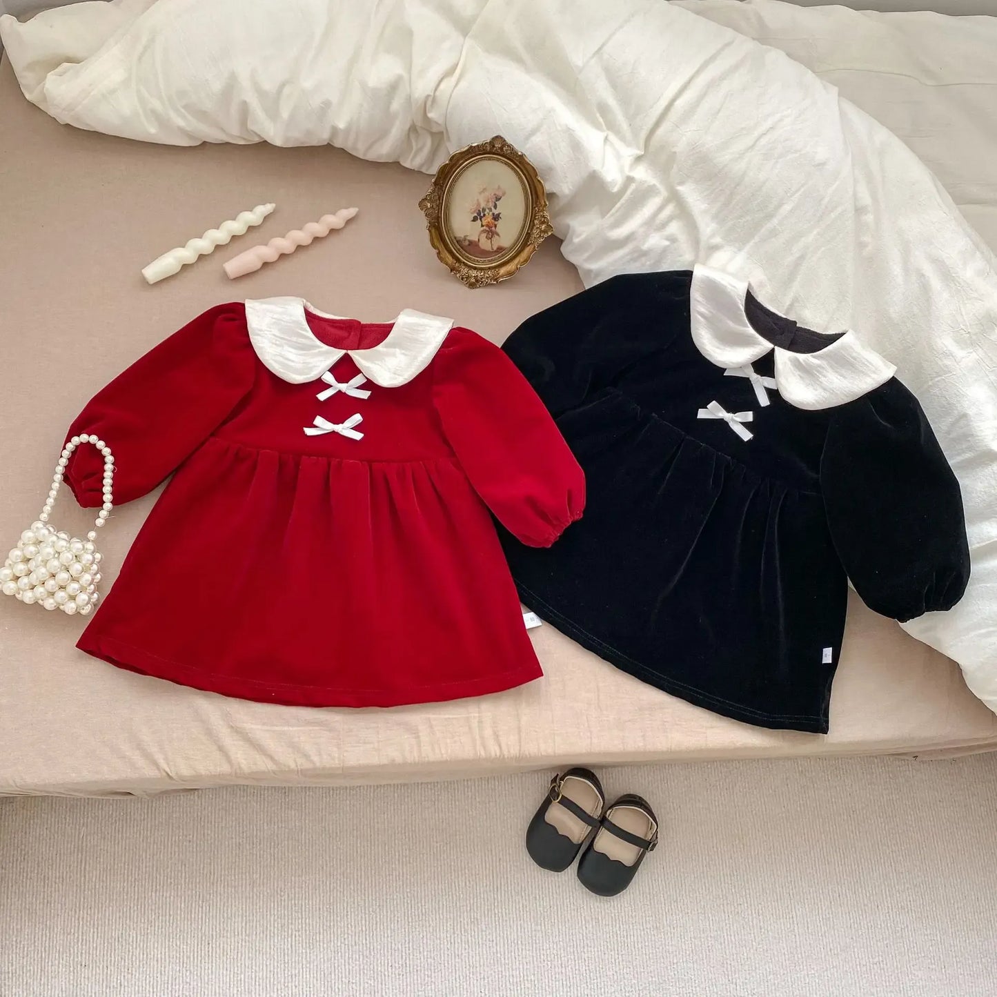 長袖ワンピース キッズワンピース 丸襟リボン裏フリース長袖ワンピース【mh0008139】