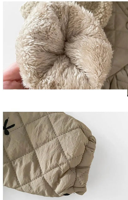 ショートコート・ジャケット・ジャンパー ベビーアウター リボン刺繍ボアフリース襟付きキルティングペプラムコートジャケット【mh0008159】