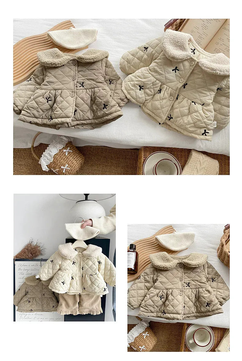 ショートコート・ジャケット・ジャンパー ベビーアウター リボン刺繍ボアフリース襟付きキルティングペプラムコートジャケット【mh0008159】