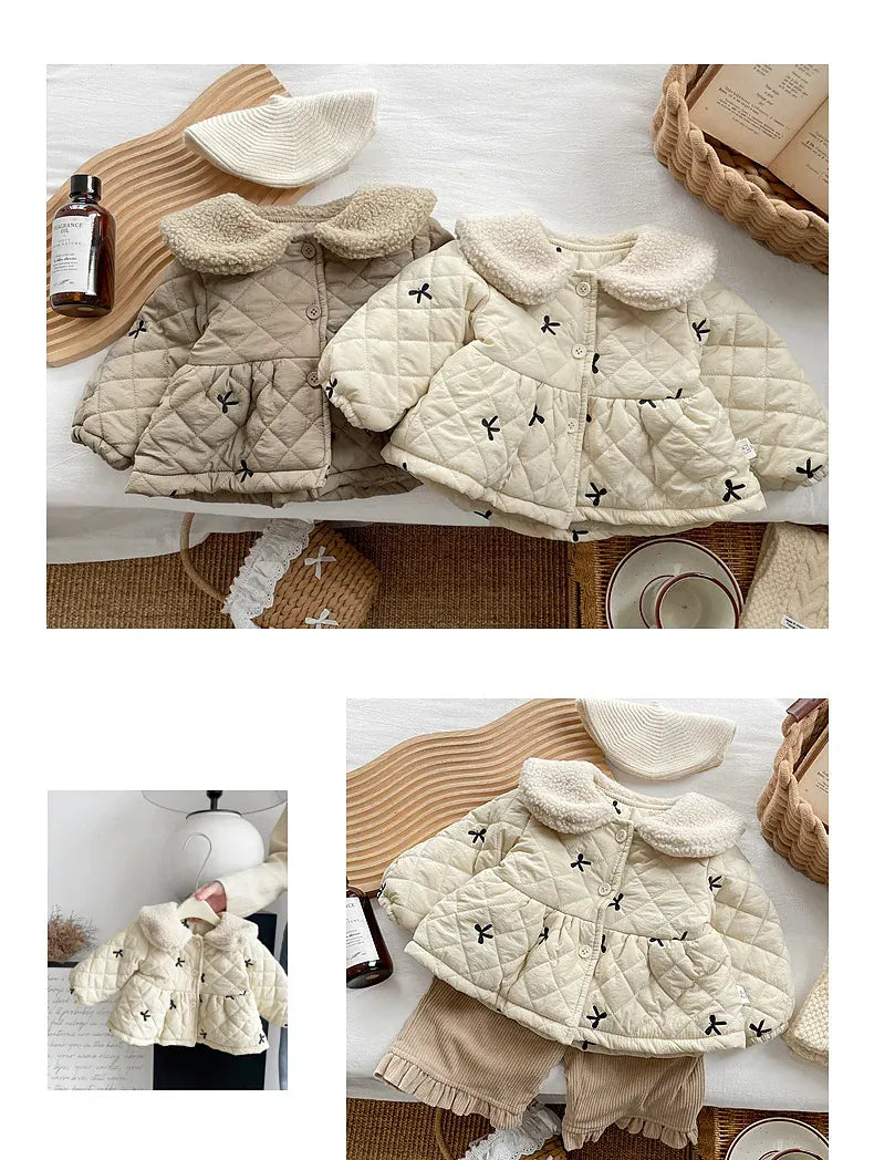 ショートコート・ジャケット・ジャンパー ベビーアウター リボン刺繍ボアフリース襟付きキルティングペプラムコートジャケット【mh0008159】