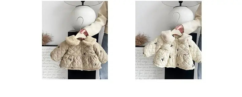 ショートコート・ジャケット・ジャンパー ベビーアウター リボン刺繍ボアフリース襟付きキルティングペプラムコートジャケット【mh0008159】