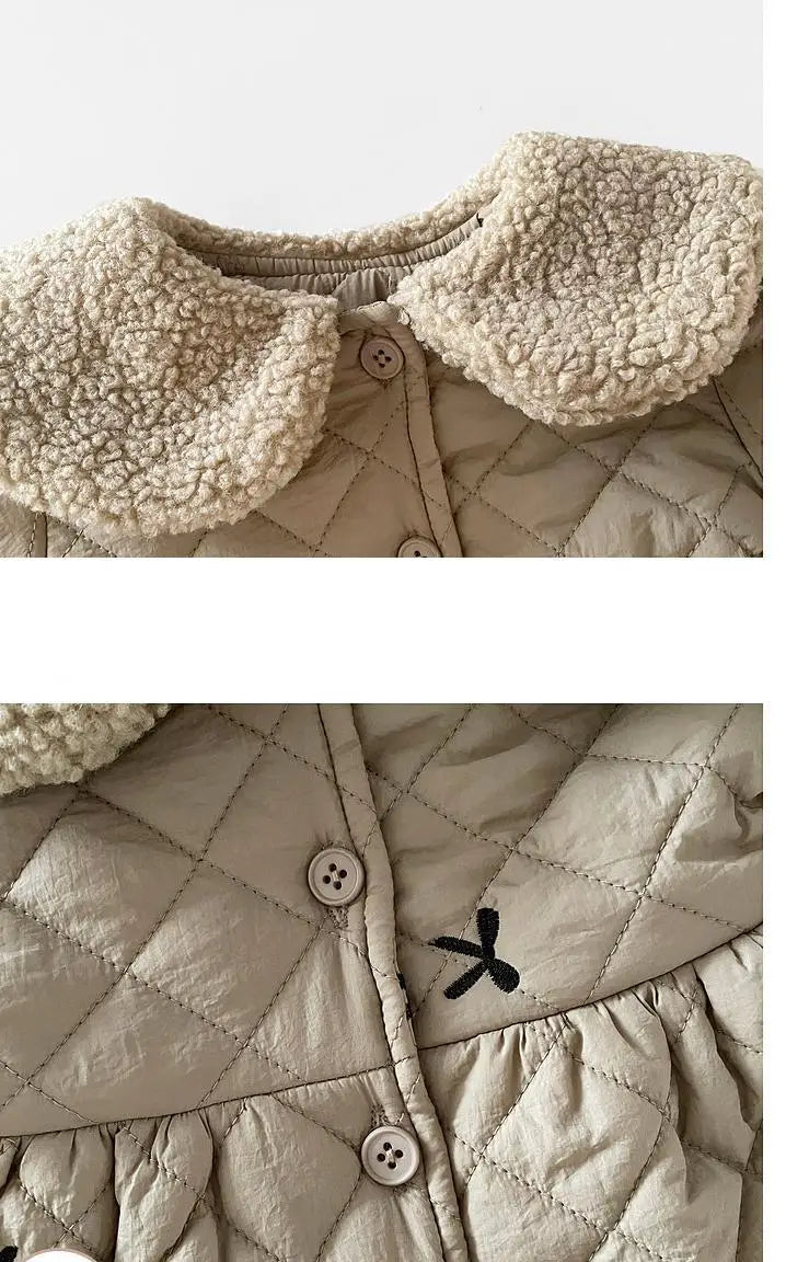 ショートコート・ジャケット・ジャンパー ベビーアウター リボン刺繍ボアフリース襟付きキルティングペプラムコートジャケット【mh0008159】