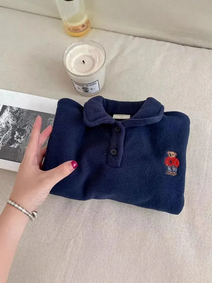 長袖シャツ・ブラウス キッズトップス ベアくまワッペンパッチワークフリース長袖ポロシャツ【mh0008184】