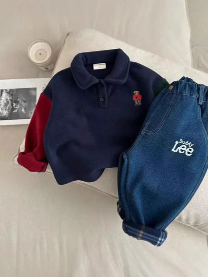 長袖シャツ・ブラウス キッズトップス ベアくまワッペンパッチワークフリース長袖ポロシャツ【mh0008184】