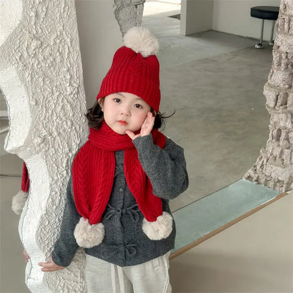 ベビー用帽子 キッズ帽子/マフラー ポンポン付きニットキャップ/ポンポン付きネックウォーマーマフラー【mh0008192】