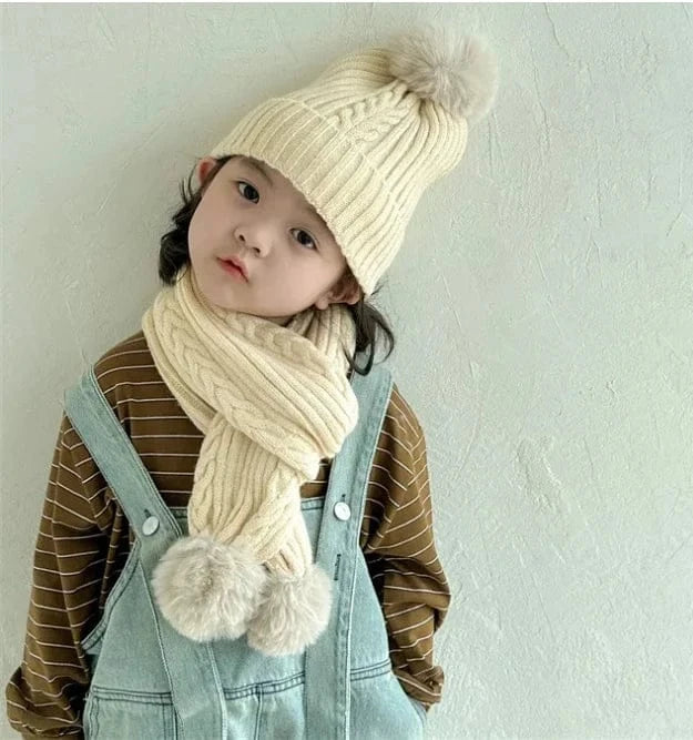 ベビー用帽子 キッズ帽子/マフラー ポンポン付きニットキャップ/ポンポン付きネックウォーマーマフラー【mh0008192】