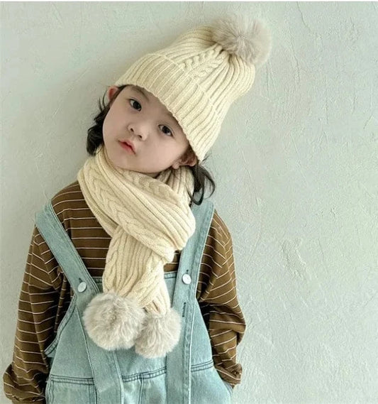 ベビー用帽子 キッズ帽子/マフラー ポンポン付きニットキャップ/ポンポン付きネックウォーマーマフラー【mh0008192】