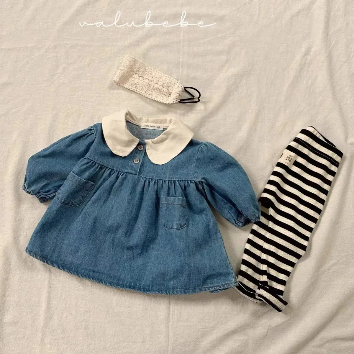 長袖ワンピース ベビーワンピース 丸襟デニム長袖ワンピース【mh0008205】