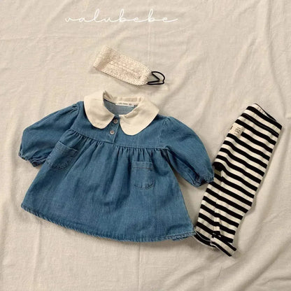 長袖ワンピース ベビーワンピース 丸襟デニム長袖ワンピース【mh0008205】
