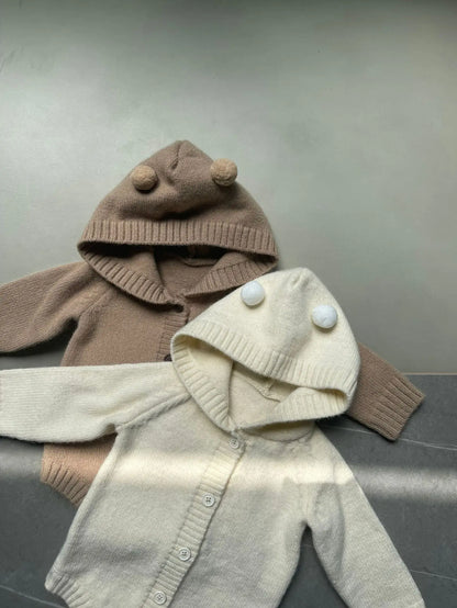 長袖ロンパース ベビーロンパース ぽんぽん耳付きフーディニット長袖ボディスーツ【mh0008256】