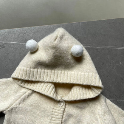 長袖ロンパース ベビーロンパース ぽんぽん耳付きフーディニット長袖ボディスーツ【mh0008256】