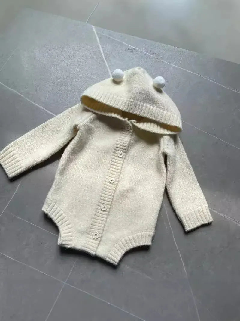 長袖ロンパース ベビーロンパース ぽんぽん耳付きフーディニット長袖ボディスーツ【mh0008256】