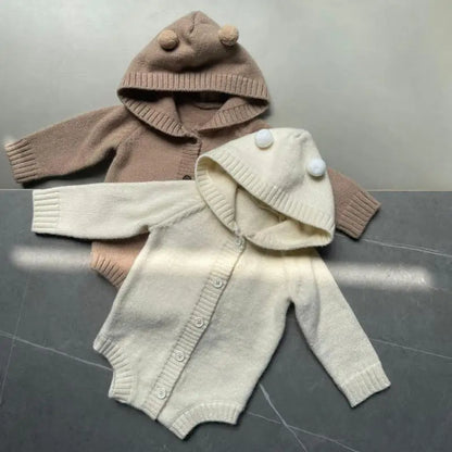 長袖ロンパース ベビーロンパース ぽんぽん耳付きフーディニット長袖ボディスーツ【mh0008256】