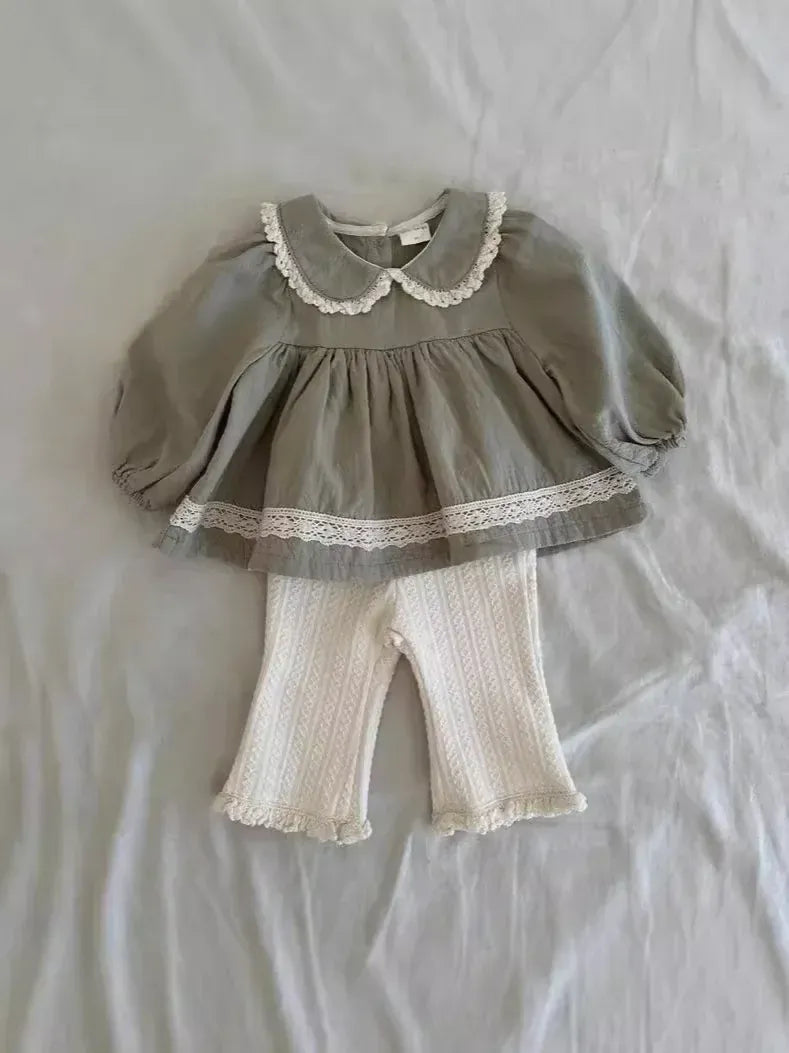 長袖セットアップ ベビートップス/パンツ レースフリル丸襟チュニックブラウス/裾レースレギンスパンツ【mh0008264】