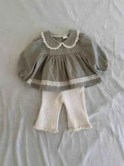 長袖セットアップ ベビートップス/パンツ レースフリル丸襟チュニックブラウス/裾レースレギンスパンツ【mh0008264】