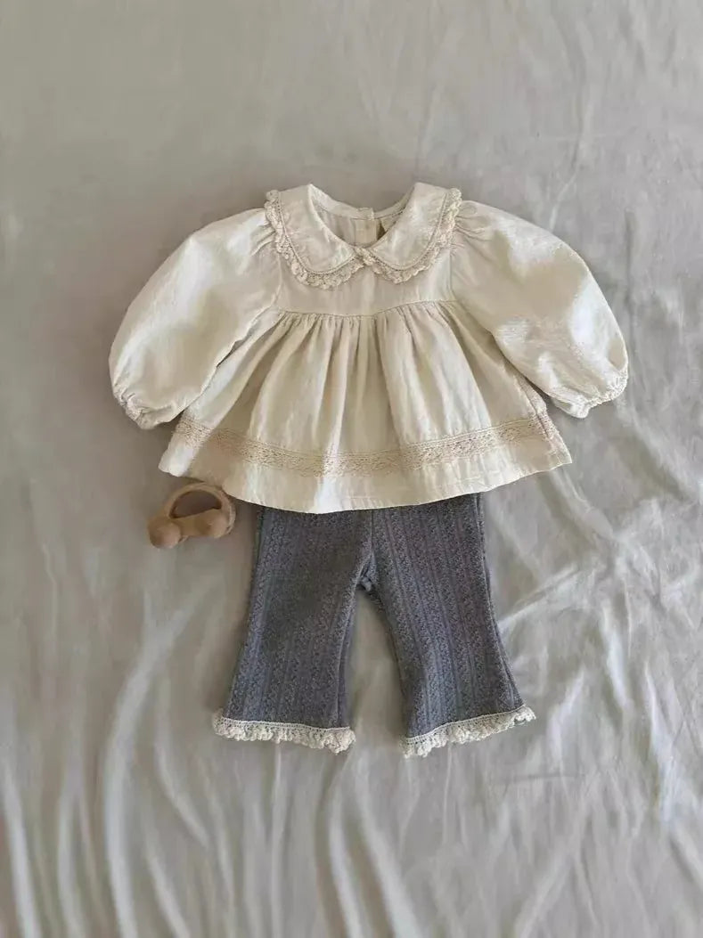 長袖セットアップ ベビートップス/パンツ レースフリル丸襟チュニックブラウス/裾レースレギンスパンツ【mh0008264】