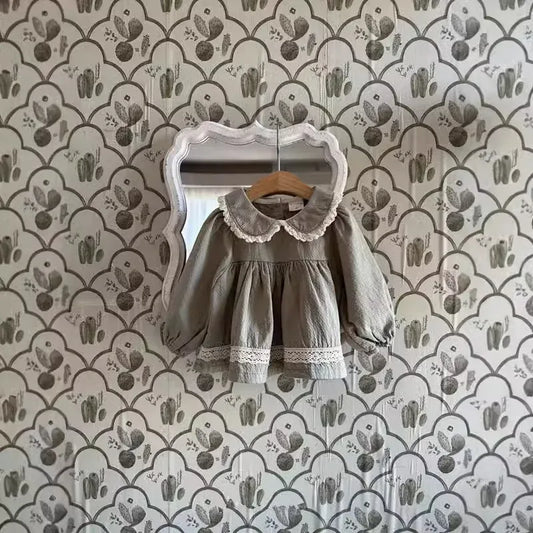 長袖セットアップ ベビートップス/パンツ レースフリル丸襟チュニックブラウス/裾レースレギンスパンツ【mh0008264】