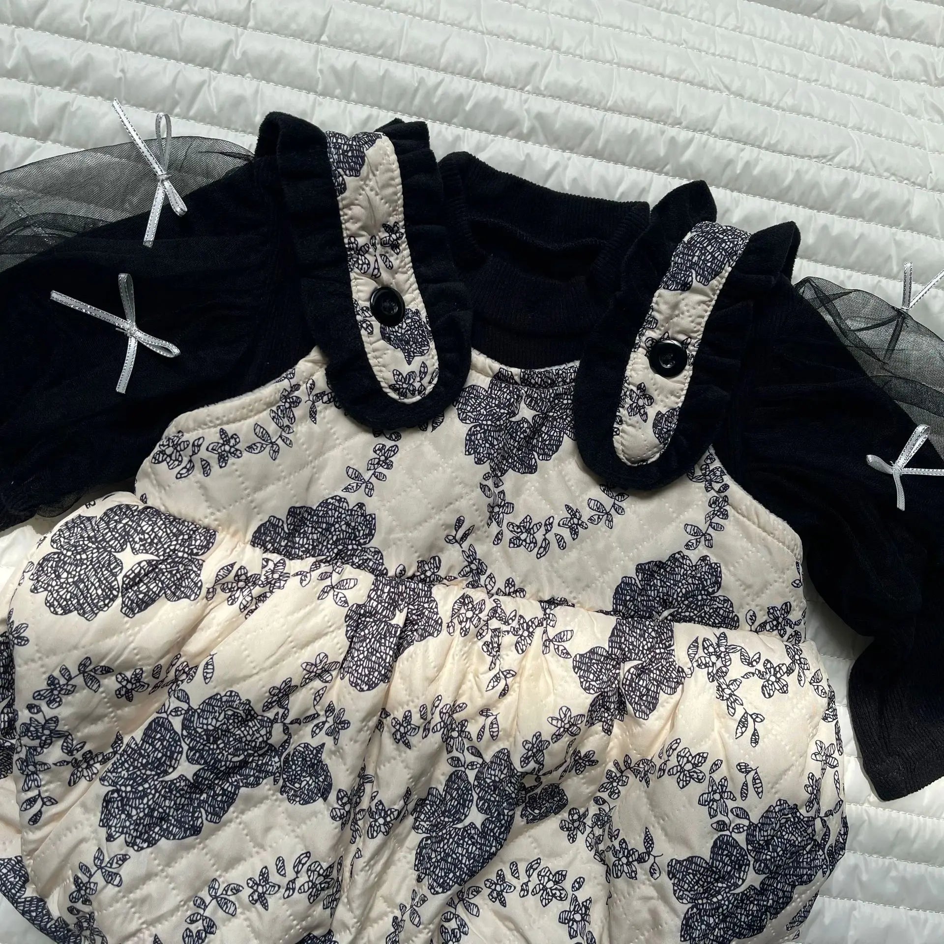 長袖ロンパース ベビーロンパース シフォンリボンサスペンダーボディスーツドッキングロンパース【mh0008327】