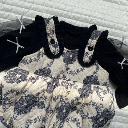 長袖ロンパース ベビーロンパース シフォンリボンサスペンダーボディスーツドッキングロンパース【mh0008327】