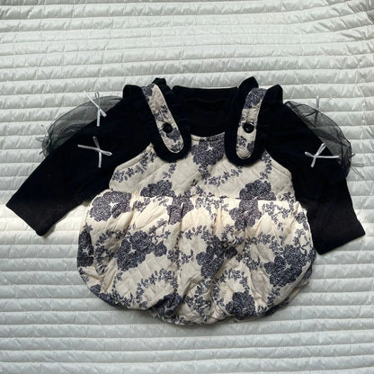 長袖ロンパース ベビーロンパース シフォンリボンサスペンダーボディスーツドッキングロンパース【mh0008327】