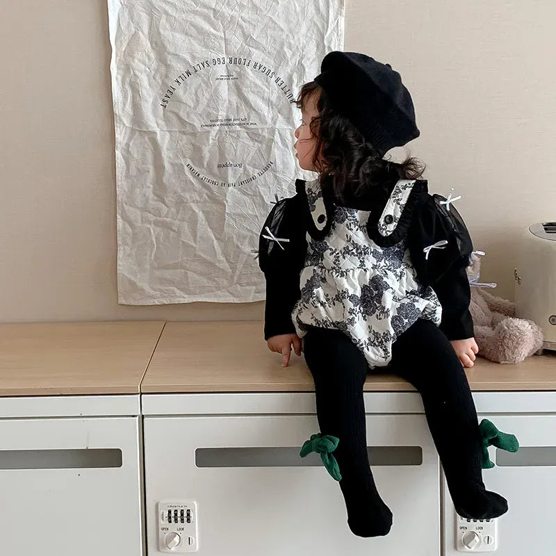 長袖ロンパース ベビーロンパース シフォンリボンサスペンダーボディスーツドッキングロンパース【mh0008327】