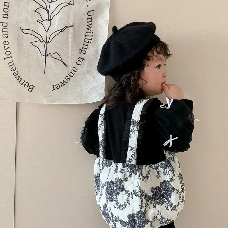 長袖ロンパース ベビーロンパース シフォンリボンサスペンダーボディスーツドッキングロンパース【mh0008327】