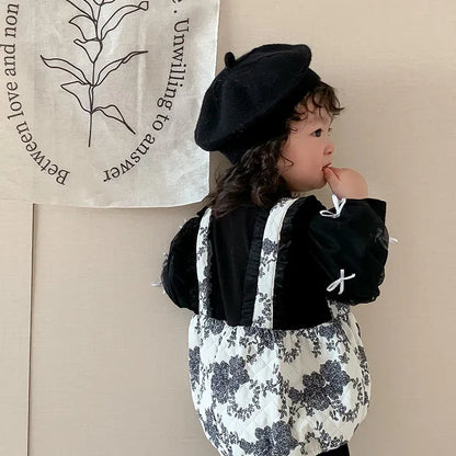 長袖ロンパース ベビーロンパース シフォンリボンサスペンダーボディスーツドッキングロンパース【mh0008327】