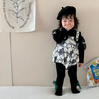 長袖ロンパース ベビーロンパース シフォンリボンサスペンダーボディスーツドッキングロンパース【mh0008327】