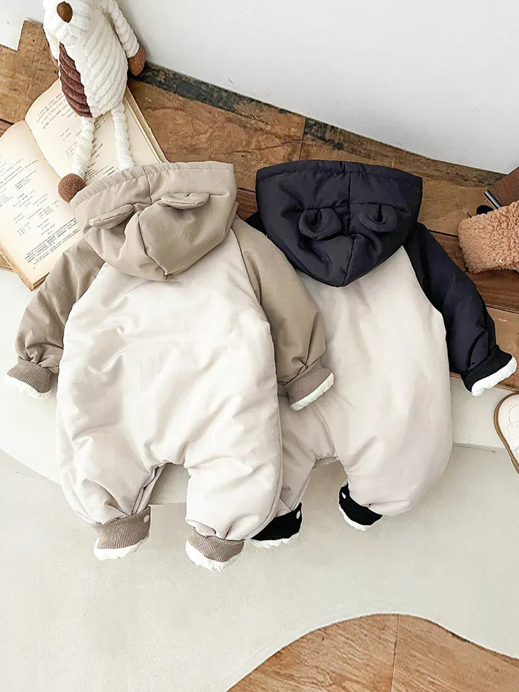 アウタージャンプスーツ ベビーアウタージャンプスーツ 耳付きフーディパッチワーク防寒長袖ロンパース【mh0008381】