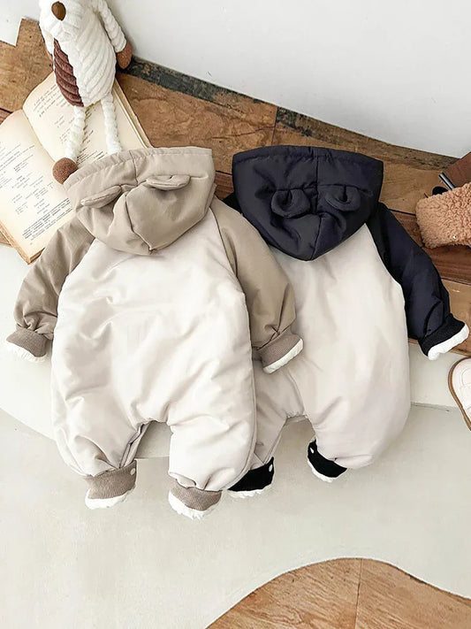 アウタージャンプスーツ ベビーアウタージャンプスーツ 耳付きフーディパッチワーク防寒長袖ロンパース【mh0008381】