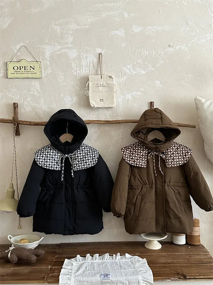 ショートコート・ジャケット・ジャンパー キッズアウター ショールつけ襟フーディウエストマーク中綿ダウンジャケットコート【mh0008410】