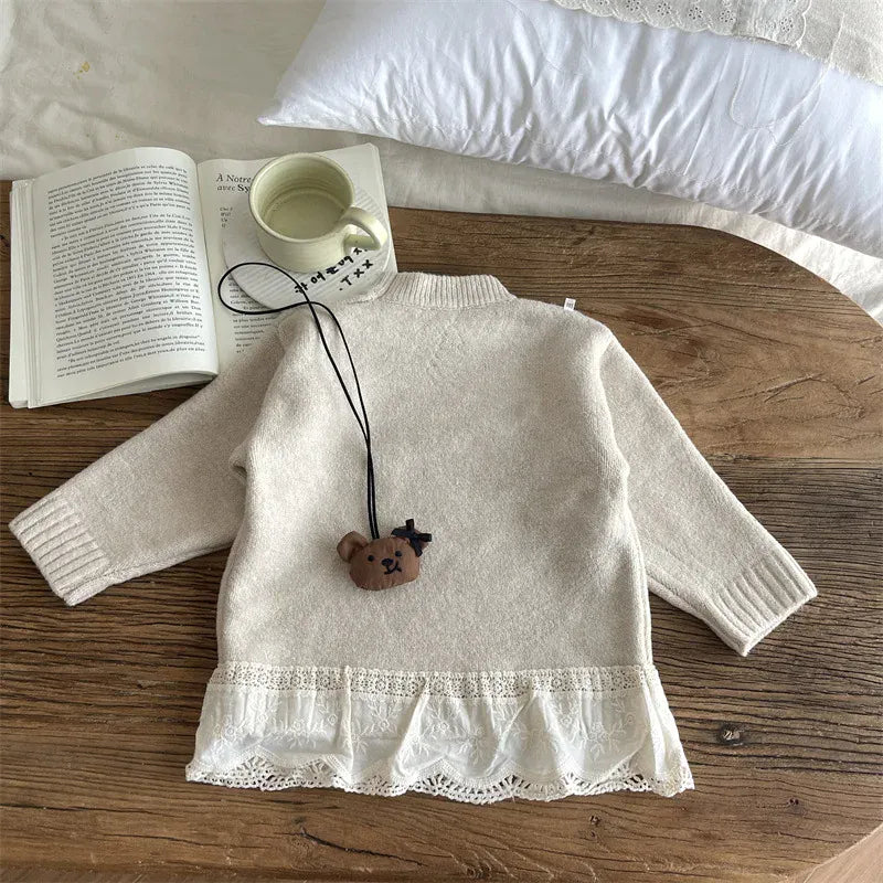 ニット・セーター キッズトップス ペプラムレースドッキングハイネック長袖ニットセーター【mh0008447】