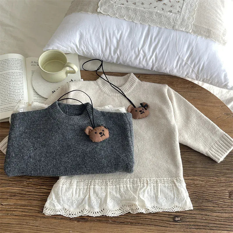 ニット・セーター キッズトップス ペプラムレースドッキングハイネック長袖ニットセーター【mh0008447】