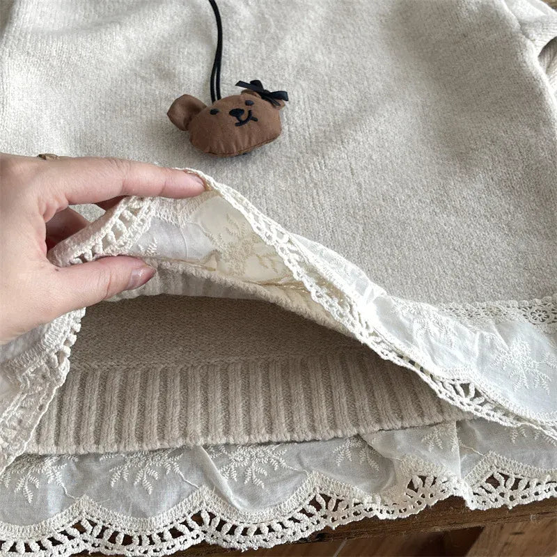 ニット・セーター キッズトップス ペプラムレースドッキングハイネック長袖ニットセーター【mh0008447】